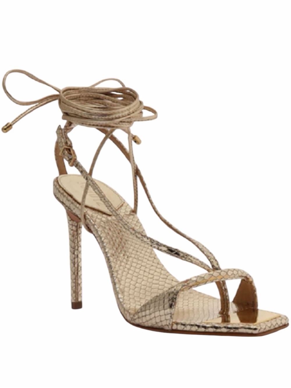 Schutz Vikki Metallic Gold Snake Embossed Leather Lace Up Heels Size 7